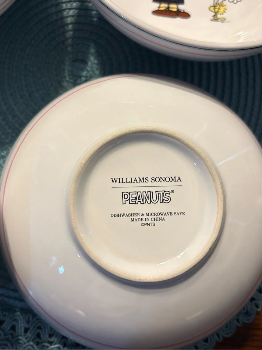 Williams Sonoma White Ceramic Peanuts Bowl with Pink Rim